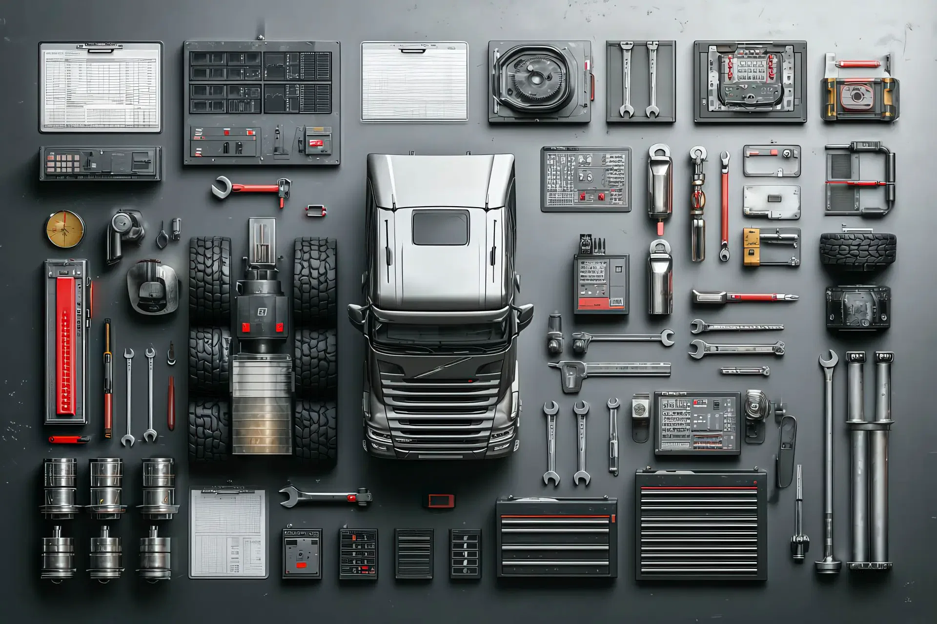 Strumenti di precisione, documenti di servizio e componenti tecnici in composizione ordinata