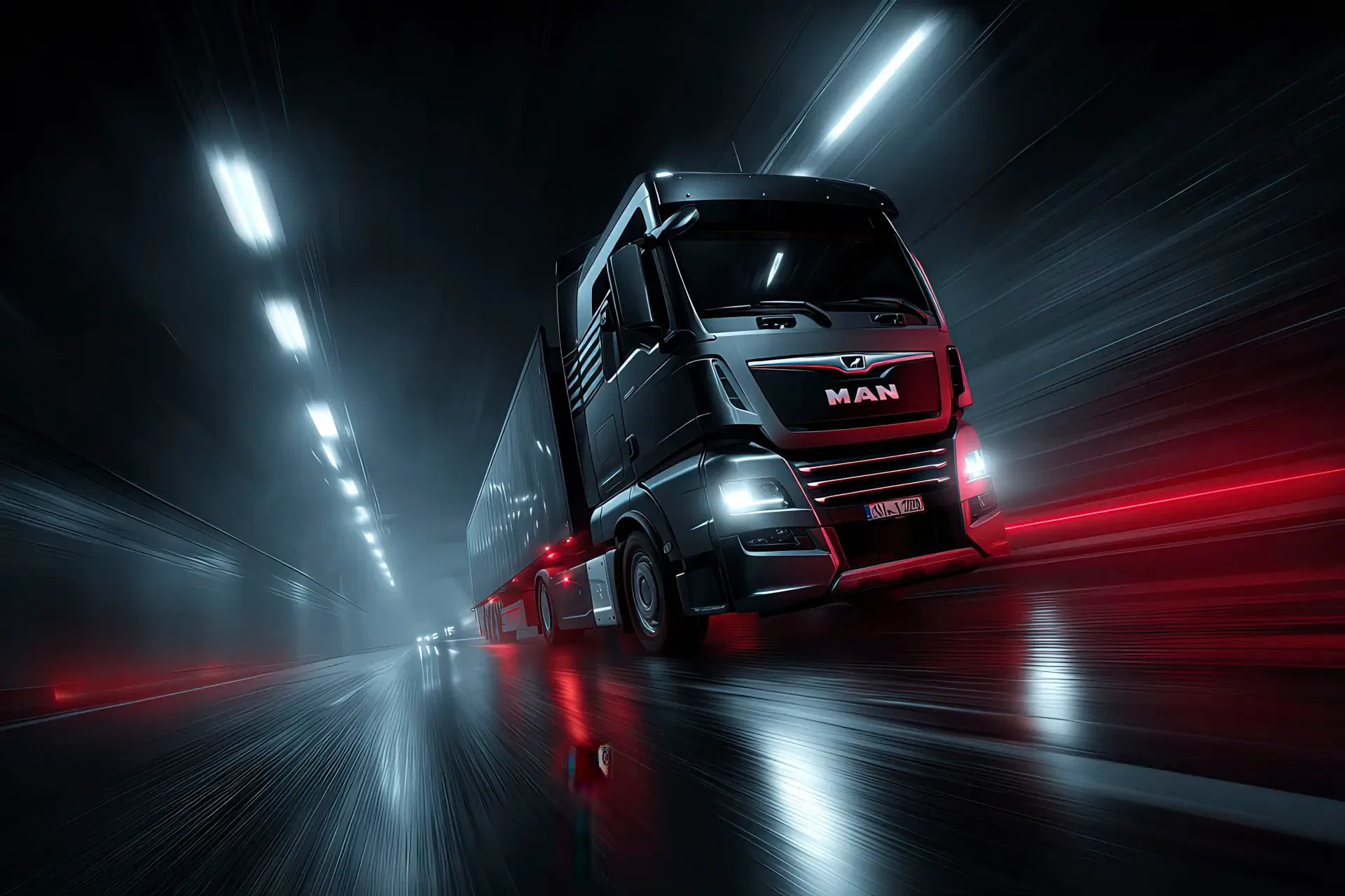 Camion MAN in primo piano che esce da una galleria autostradale di notte