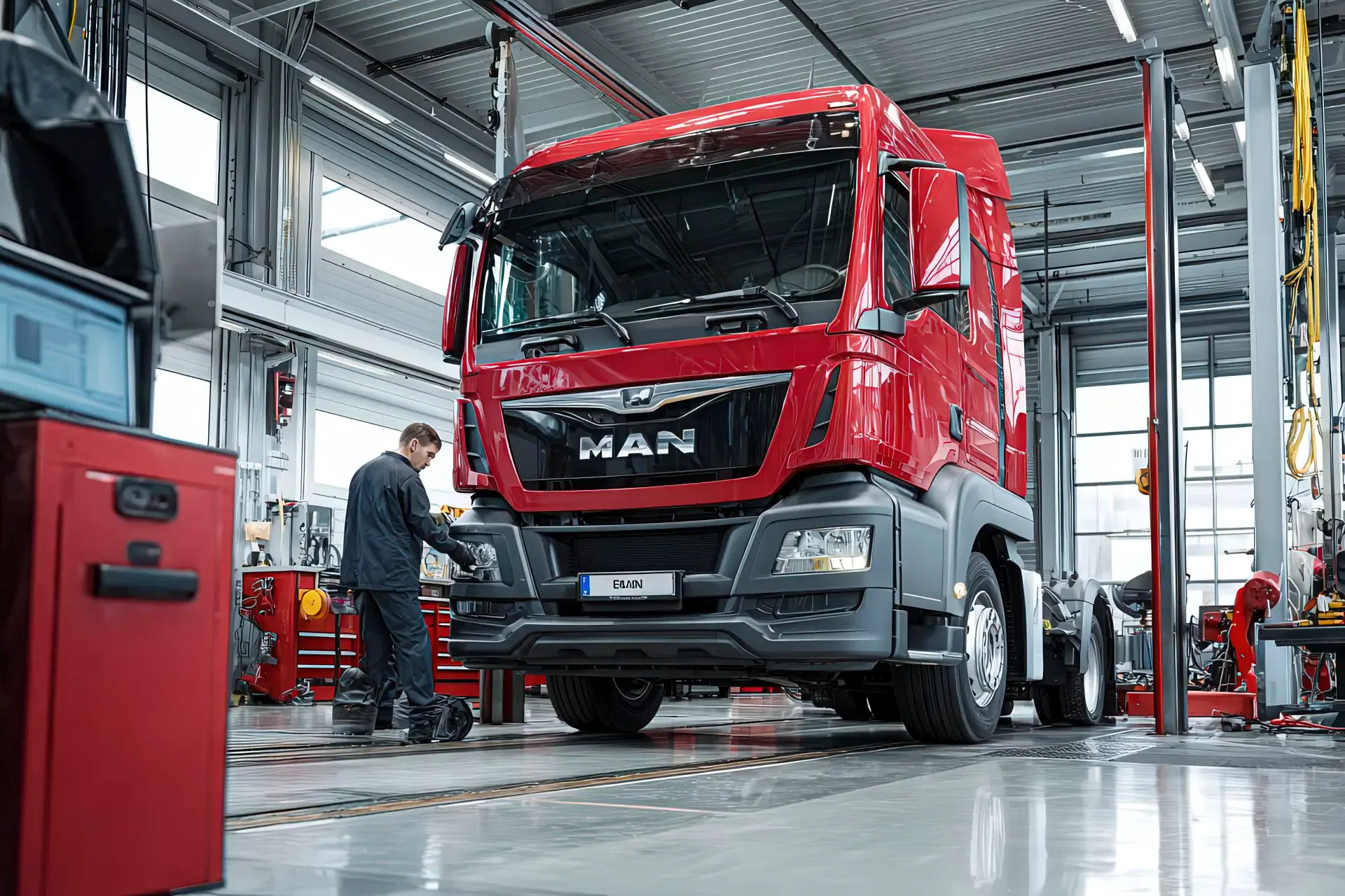 Camion in officina luminosa e ordinata durante un controllo di manutenzione
