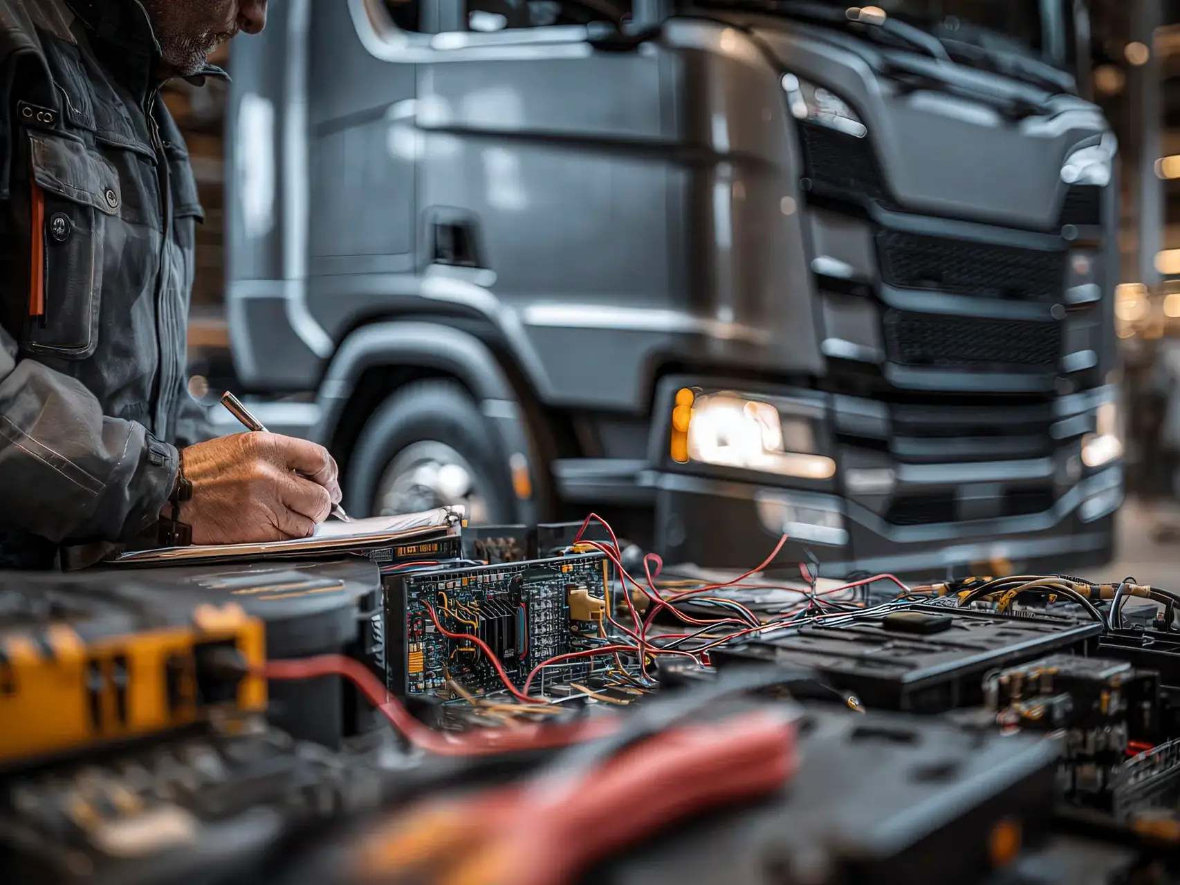 Tecnico al lavoro con interfaccia diagnostica e componenti elettronici di un camion moderno
