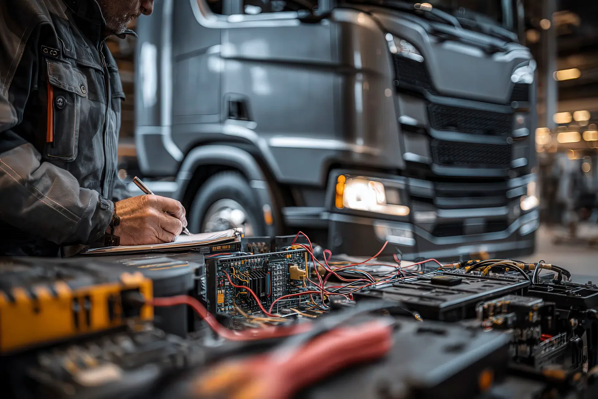 Tecnico al lavoro con interfaccia diagnostica e componenti elettronici di un camion moderno