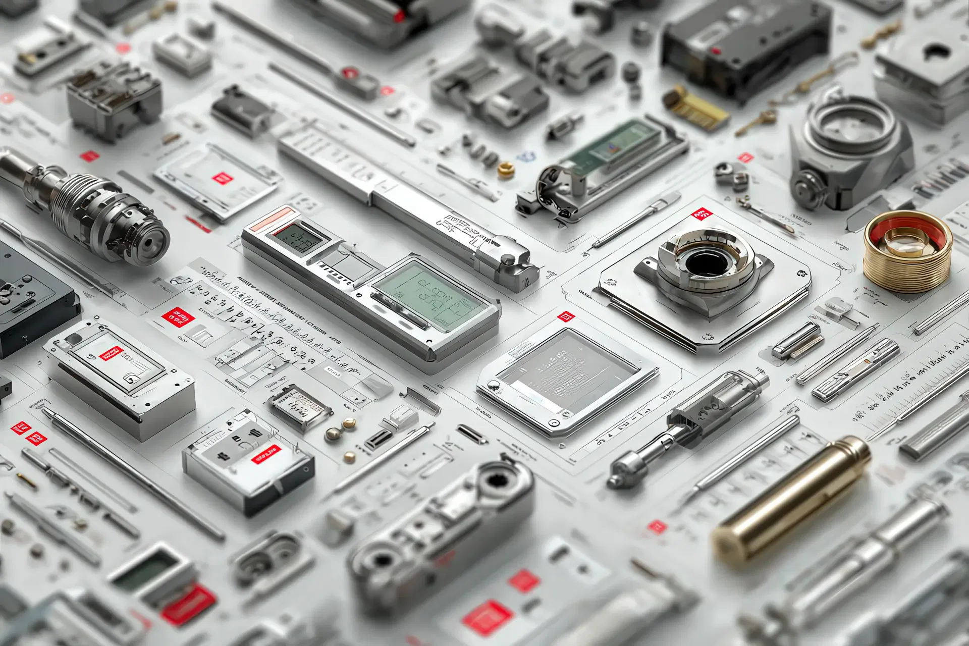Strumenti di precisione, moduli elettronici e componenti tecnici in una composizione luminosa e ordinata