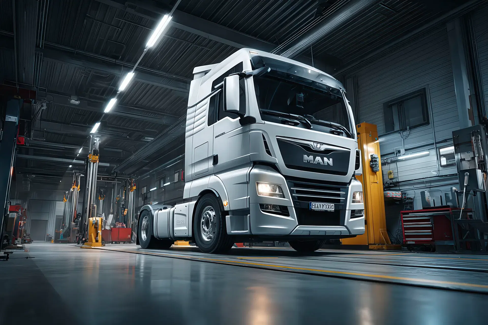 Veicolo industriale in area luminosa di controllo tecnico con strumenti di verifica