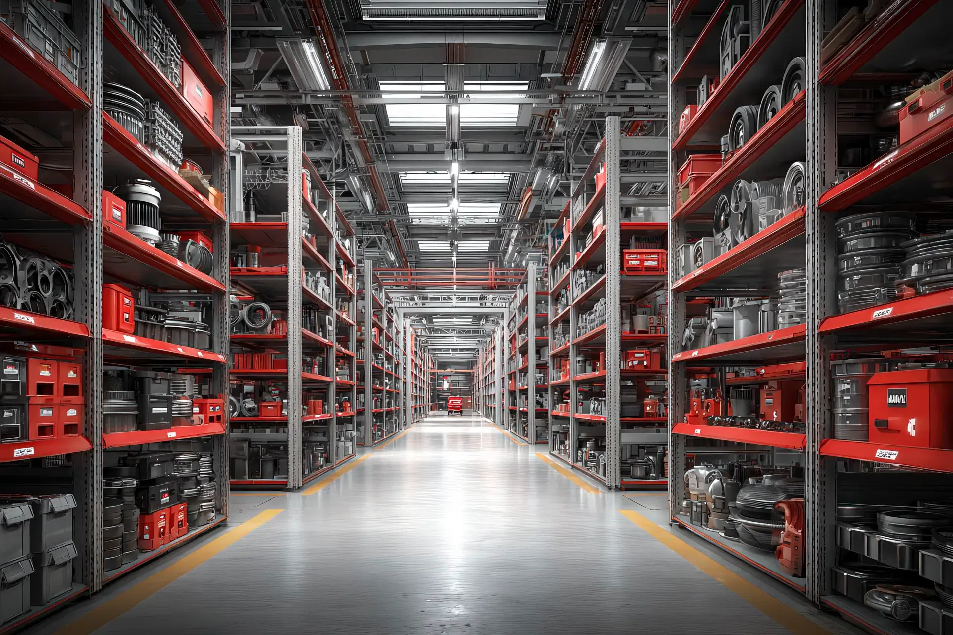 Magazzino ricambi ordinato con componenti per veicoli industriali e operatore al lavoro