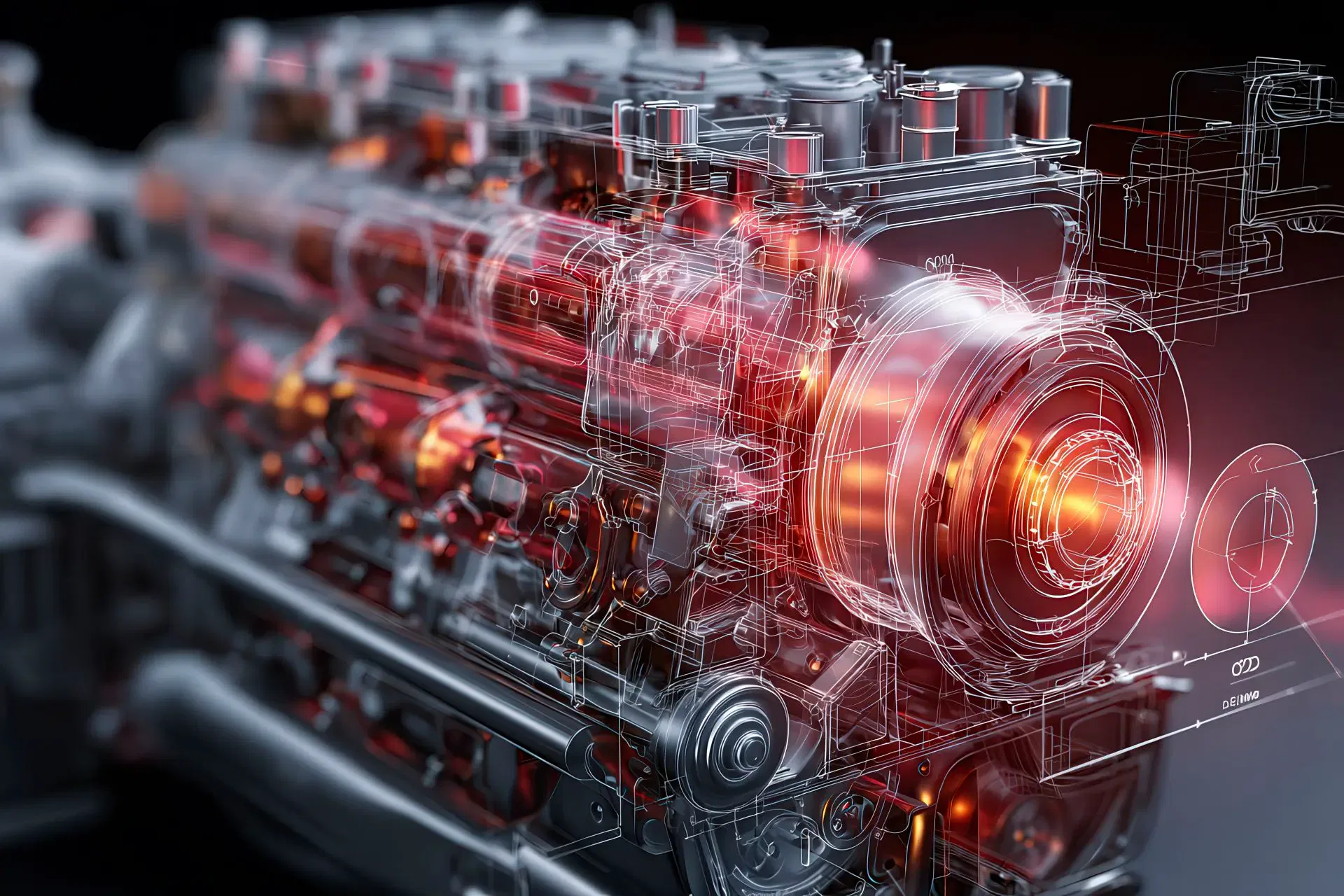 Close-up di motore MAN con sovrapposizioni CAD e dettaglio tecnico ingrandito