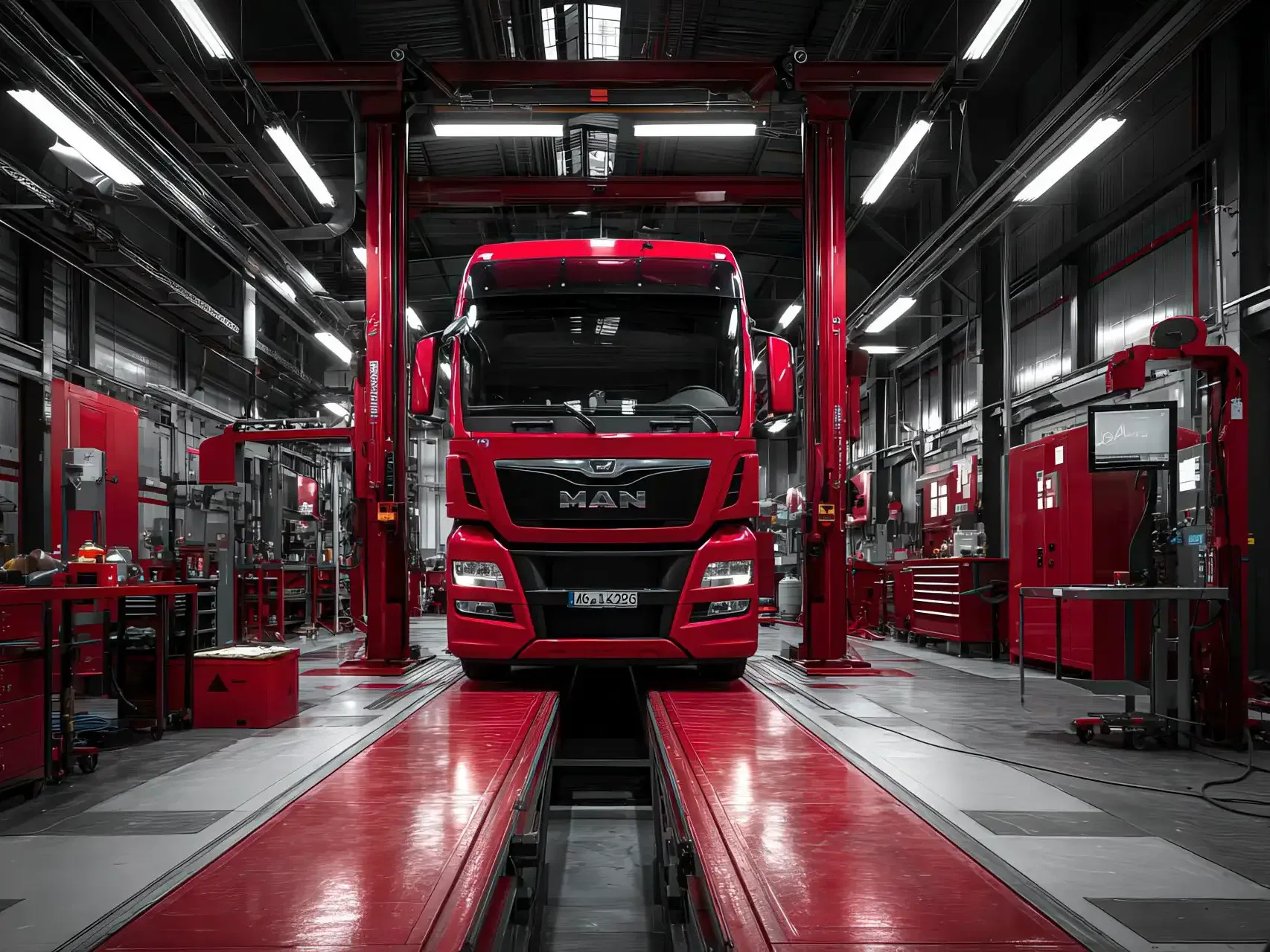 Linea di controllo tecnico con strumenti per prove e verifiche di veicoli industriali