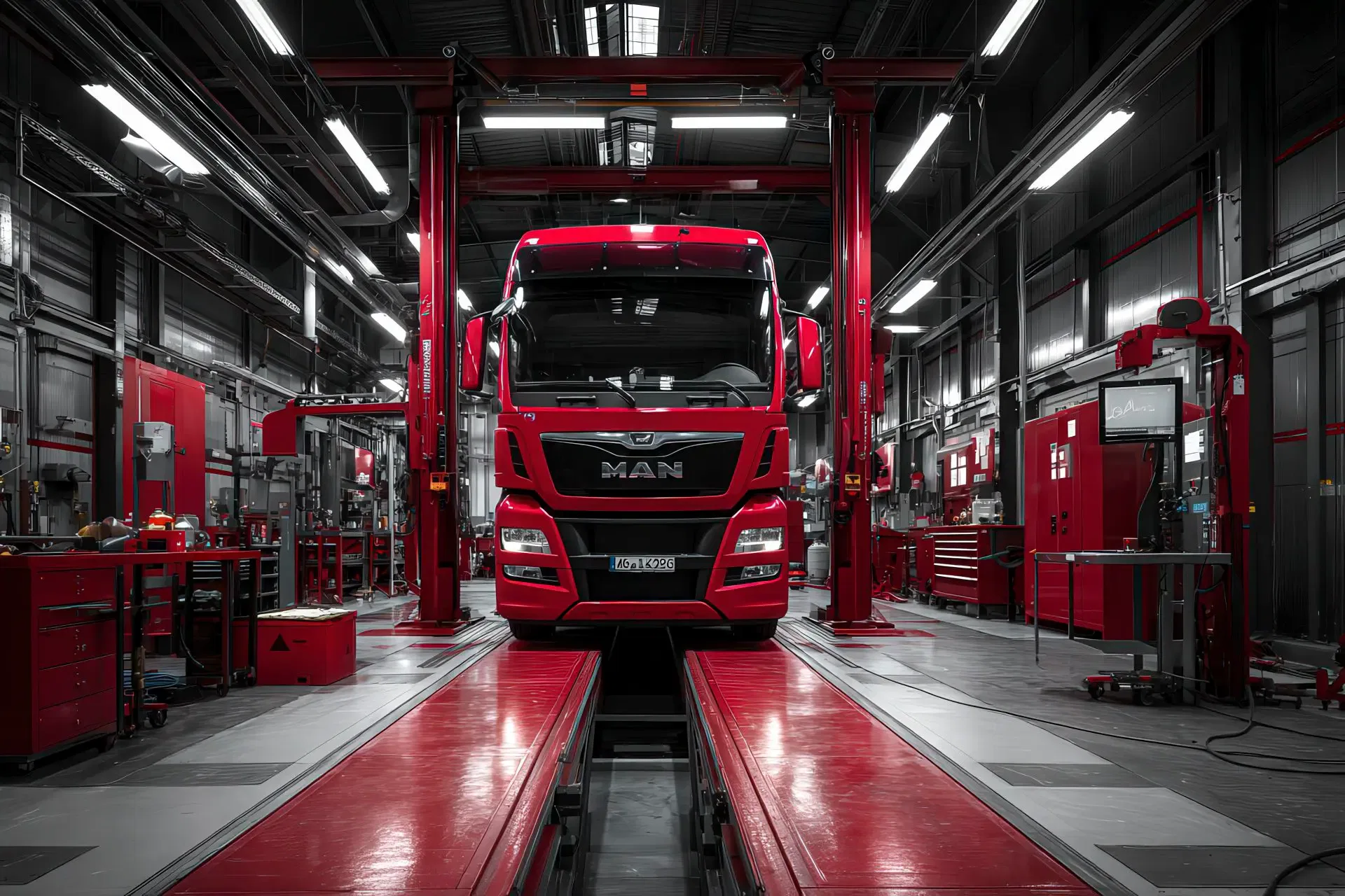 Linea di controllo tecnico con strumenti per prove e verifiche di veicoli industriali